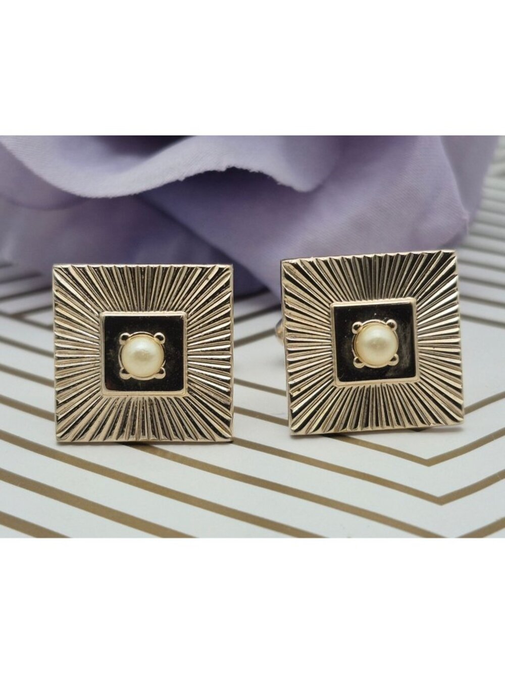 Vintage Gold Tone Faux Pearl Cufflinks Square Sunburst MCM Mens Formal